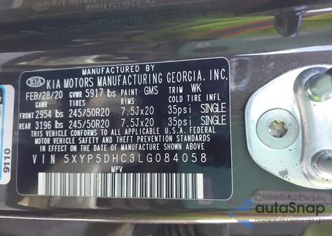 2020 Kia Telluride Sx z USA, uszkodzony, nr VIN 5XYP5DHC3LG084058